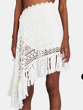 New Just Bee Queen White Crochet Fringe Asymmetric Mini resort Skirt coverup S